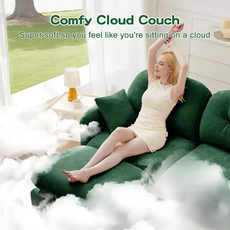 Divano sezionale a L 74 Beige Cloud con pouf in morbido tessuto ciniglia e schiuma ad alta densità per salotti