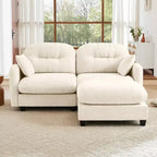 Divano sezionale a L 74 Beige Cloud con pouf in morbido tessuto ciniglia e schiuma ad alta densità per salotti