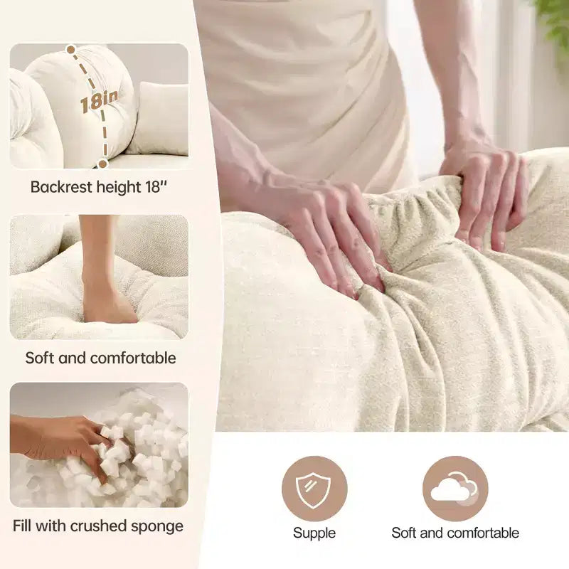 Divano sezionale a L 74 Beige Cloud con pouf in morbido tessuto ciniglia e schiuma ad alta densità per salotti