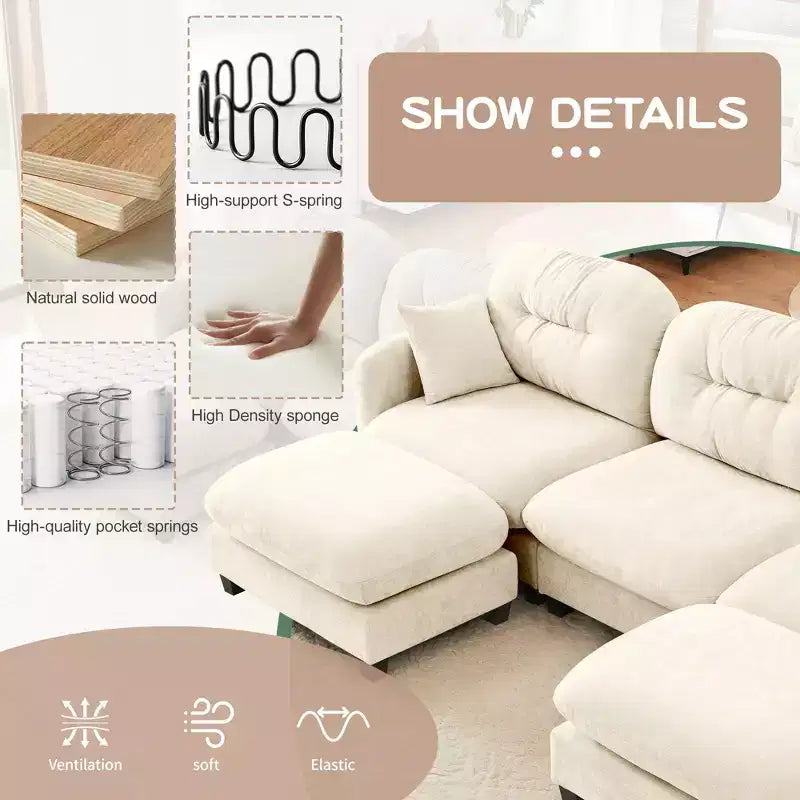 Divano sezionale a L 74 Beige Cloud con pouf in morbido tessuto ciniglia e schiuma ad alta densità per salotti