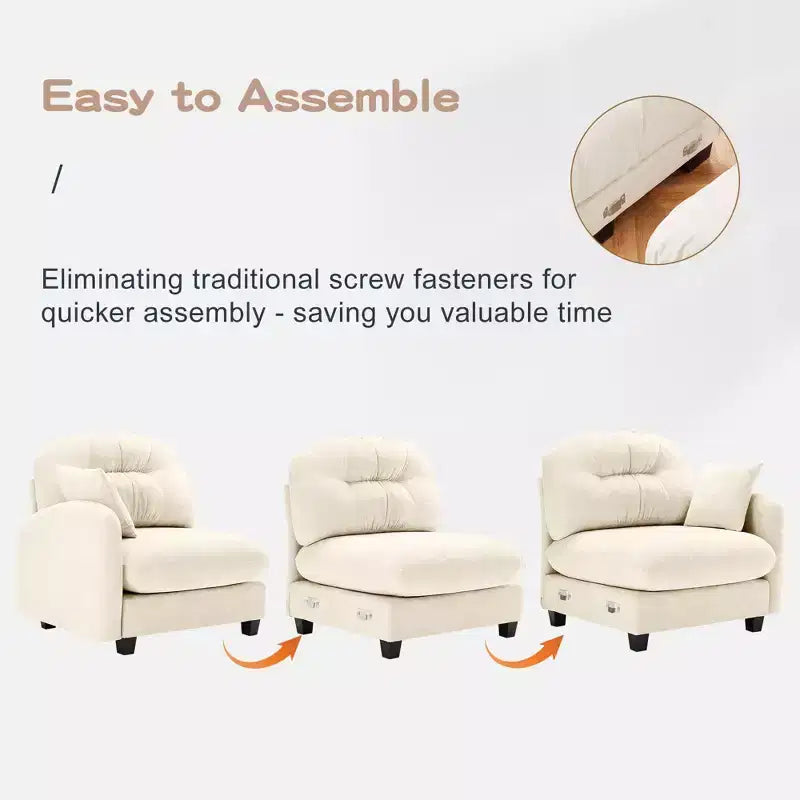 Divano sezionale a L 74 Beige Cloud con pouf in morbido tessuto ciniglia e schiuma ad alta densità per salotti