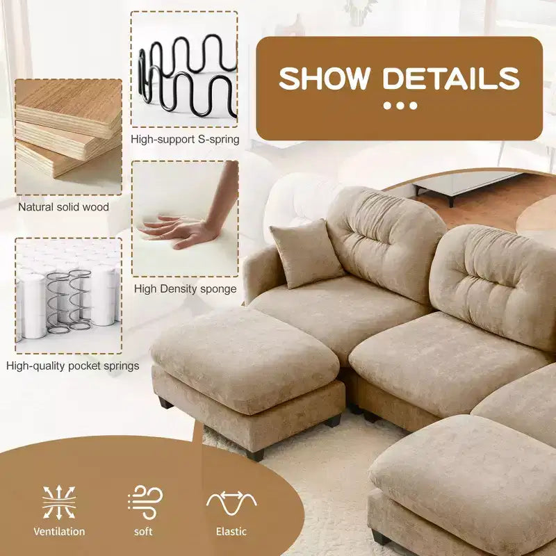 Divano componibile a L a 3 posti in tessuto ciniglia beige con pouf per soggiorno