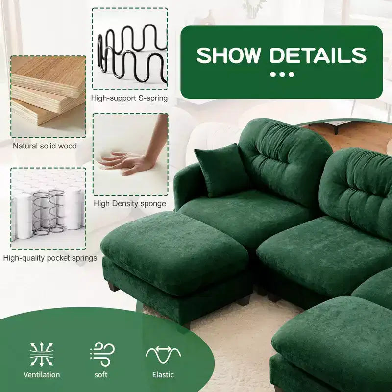 Divano componibile a L in ciniglia beige con pouf e base in legno di alta qualità per salotti