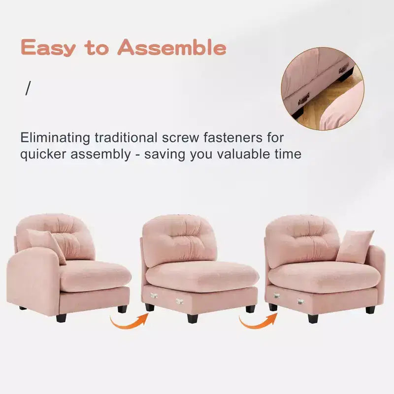 Divano componibile a L in ciniglia beige con pouf e base in legno di alta qualità per salotti