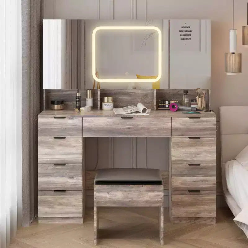 Gray Particle Board Laminated with Textured Melamine, 9-Drawer 3-Mirror Cabinet Dressing Table Set