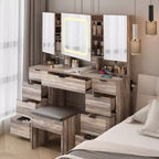 Set toilette da trucco con mobile a 3 specchi e 9 cassetti, in truciolato grigio laminato con melaminico testurizzato
