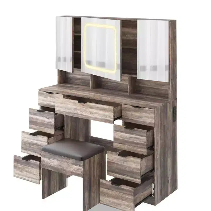 Set toilette da trucco con mobile a 3 specchi e 9 cassetti, in truciolato grigio laminato con melaminico testurizzato