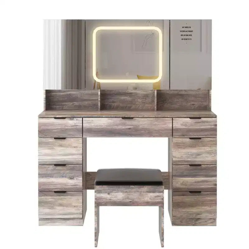 Set toilette da trucco con mobile a 3 specchi e 9 cassetti, in truciolato grigio laminato con melaminico testurizzato