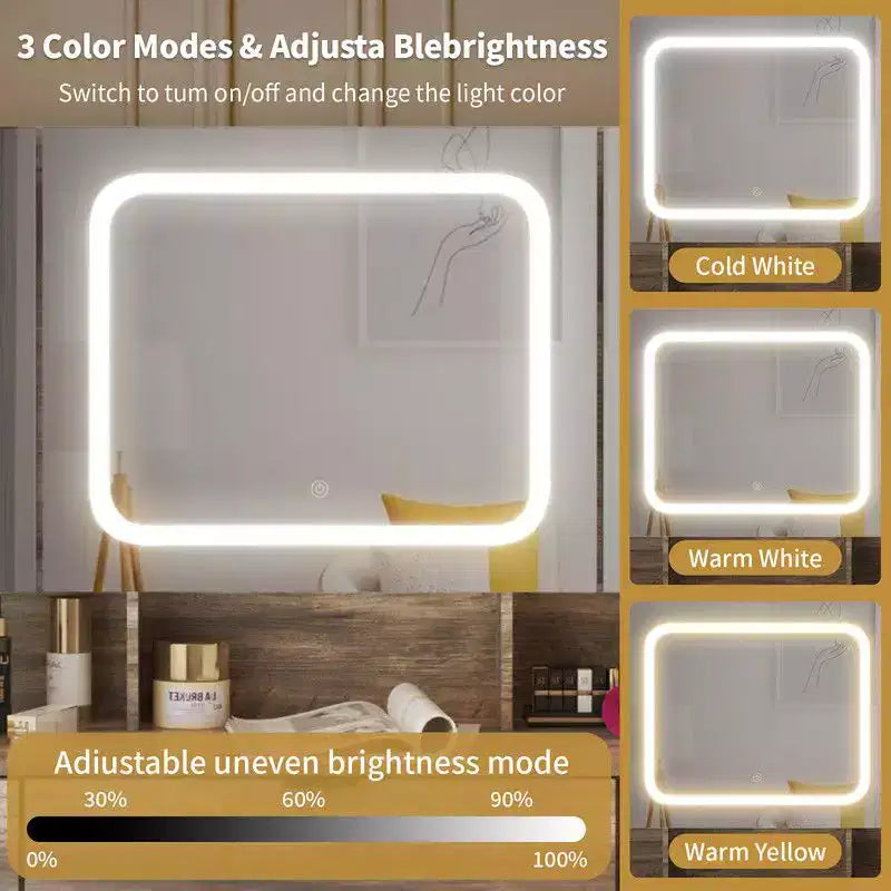 Set toilette da trucco con mobile a 3 specchi e 9 cassetti, in truciolato grigio laminato con melaminico testurizzato