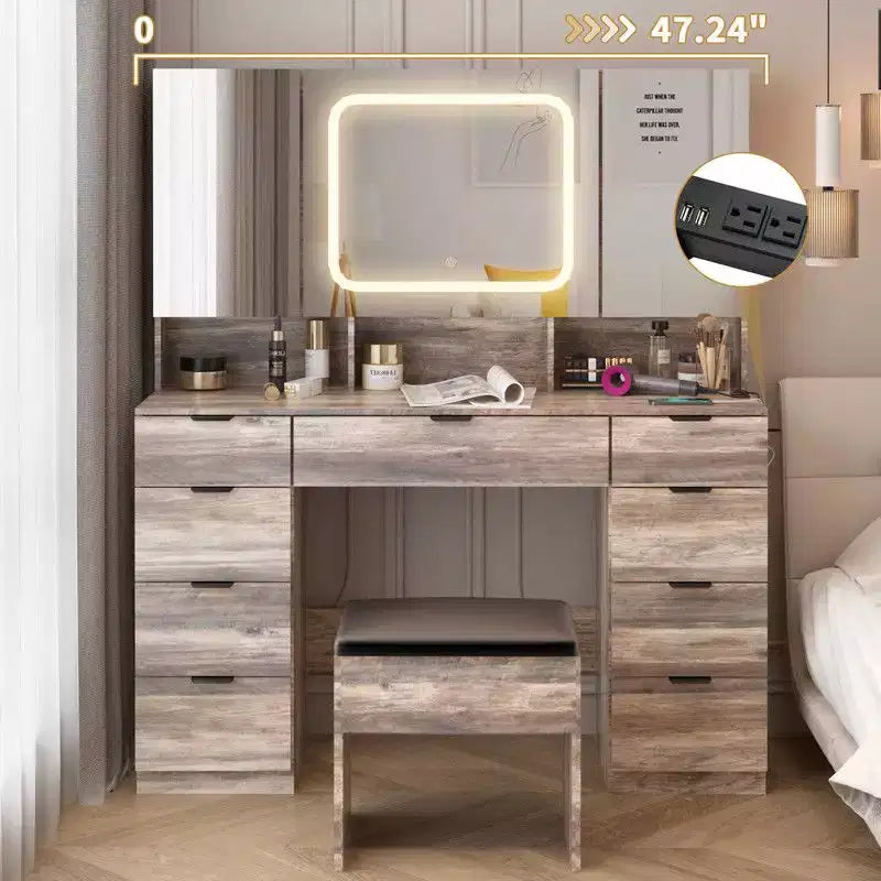 Set toilette da trucco con mobile a 3 specchi e 9 cassetti, in truciolato grigio laminato con melaminico testurizzato