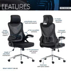 Sedia da Ufficio Ergonomica in Rete Okak, Sedia da Scrivania con Poggiatesta e Supporto Lombare, Sedia con Base a Crociera Cromata per Ufficio, Casa, Nera