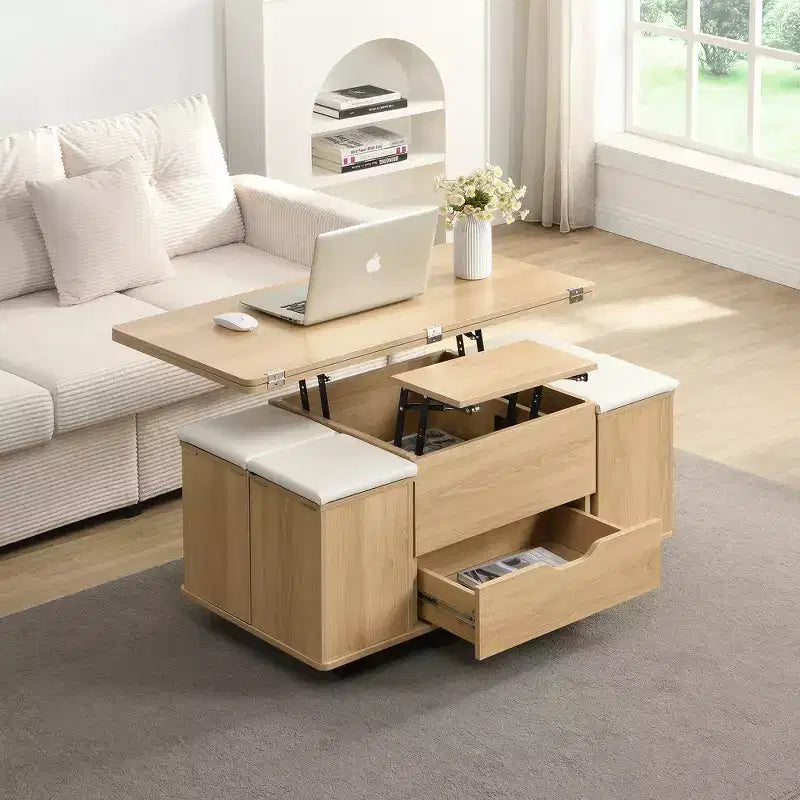 Tavolino da caffè multi-funzione moderno Zeus & Ruta con piano sollevabile, contenitore nascosto, 4 sgabelli e rotelle, perfetto per soggiorni moderni