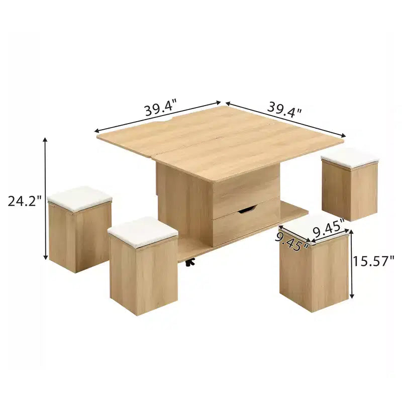 Tavolino da caffè multi-funzione moderno Zeus & Ruta con piano sollevabile, contenitore nascosto, 4 sgabelli e rotelle, perfetto per soggiorni moderni