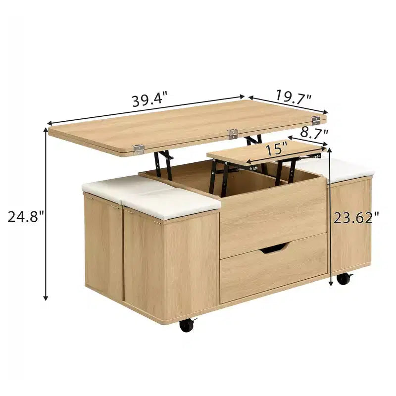 Tavolino da caffè multi-funzione moderno Zeus & Ruta con piano sollevabile, contenitore nascosto, 4 sgabelli e rotelle, perfetto per soggiorni moderni