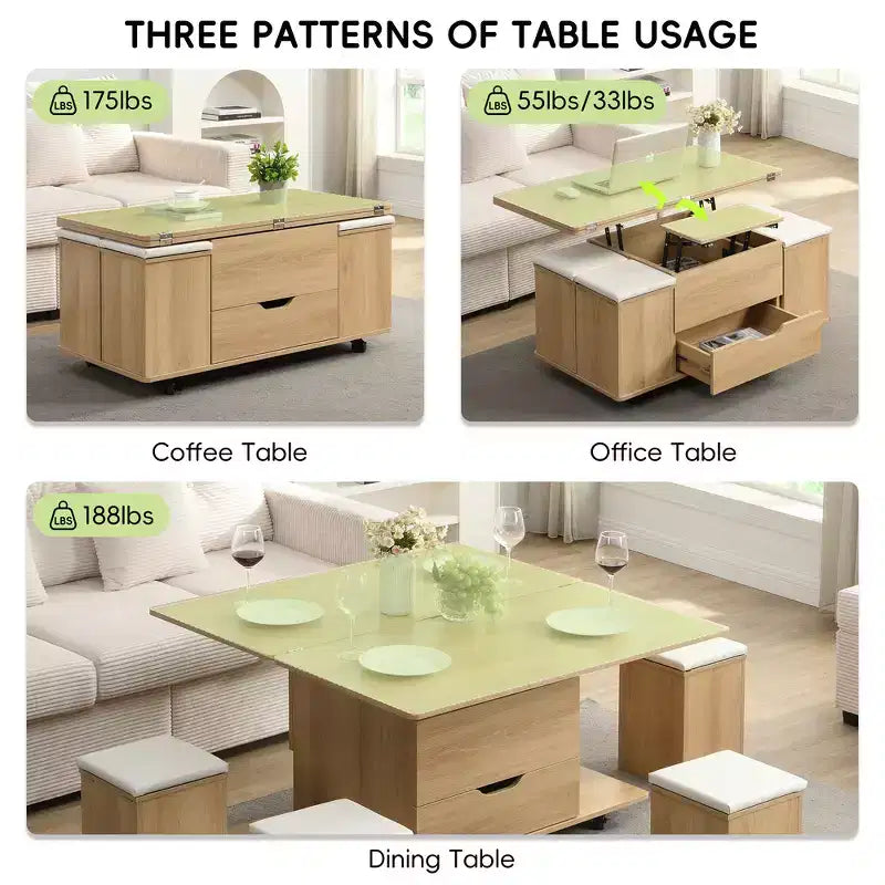 Tavolino da caffè multi-funzione moderno Zeus & Ruta con piano sollevabile, contenitore nascosto, 4 sgabelli e rotelle, perfetto per soggiorni moderni