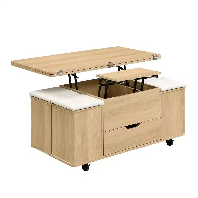 Tavolino da caffè multi-funzione moderno Zeus & Ruta con piano sollevabile, contenitore nascosto, 4 sgabelli e rotelle, perfetto per soggiorni moderni
