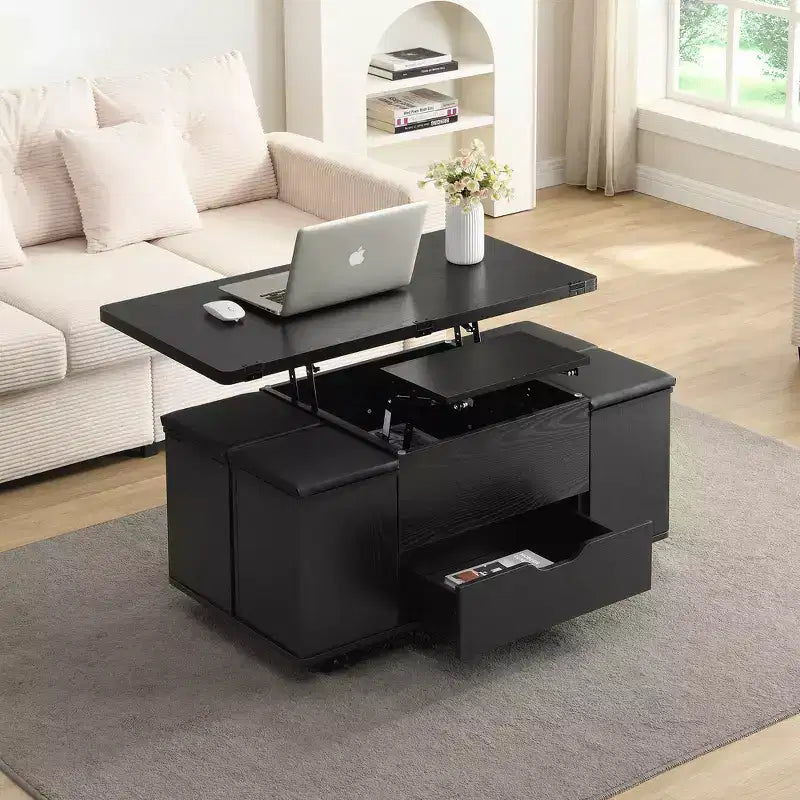 Tavolino da caffè multi-funzione moderno Zeus & Ruta con piano sollevabile, contenitore nascosto, 4 sgabelli e rotelle, perfetto per soggiorni moderni