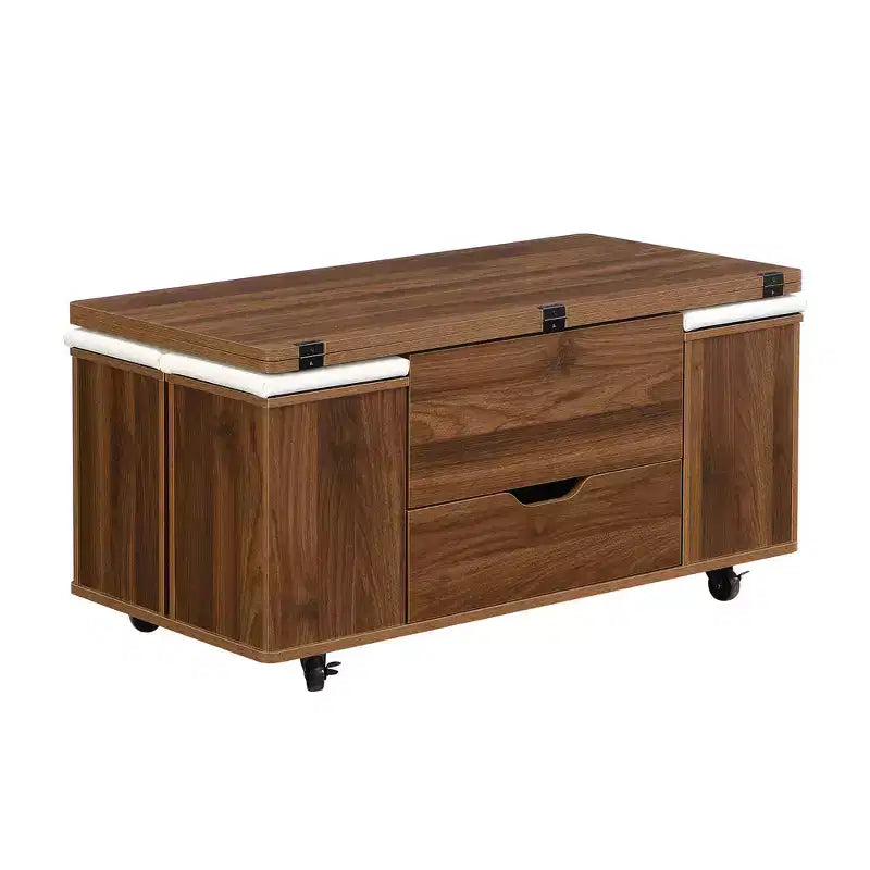 Tavolino da caffè multi-funzione moderno Zeus & Ruta con piano sollevabile, contenitore nascosto, 4 sgabelli e rotelle, perfetto per soggiorni moderni