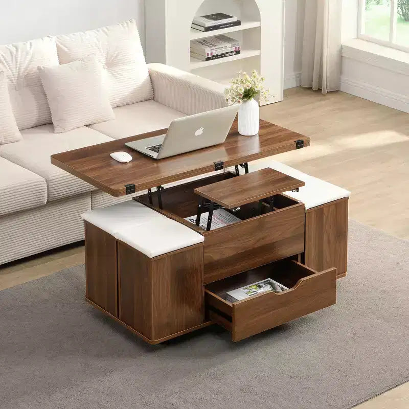 Tavolino da caffè multi-funzione moderno Zeus & Ruta con piano sollevabile, contenitore nascosto, 4 sgabelli e rotelle, perfetto per soggiorni moderni