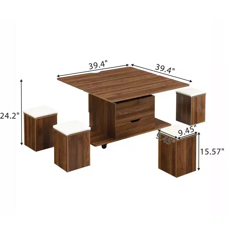 Tavolino da caffè multi-funzione moderno Zeus & Ruta con piano sollevabile, contenitore nascosto, 4 sgabelli e rotelle, perfetto per soggiorni moderni