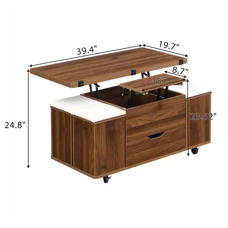 Tavolino da caffè multi-funzione moderno Zeus & Ruta con piano sollevabile, contenitore nascosto, 4 sgabelli e rotelle, perfetto per soggiorni moderni
