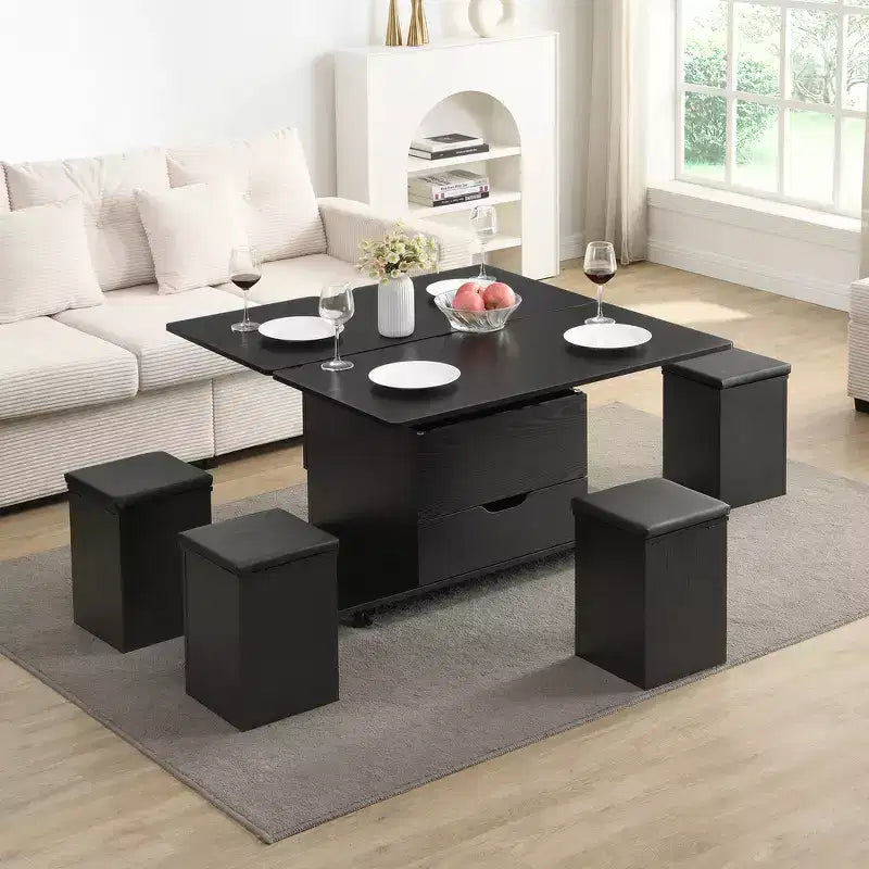 Tavolino da caffè multi-funzione moderno Zeus & Ruta con piano sollevabile, contenitore nascosto, 4 sgabelli e rotelle, perfetto per soggiorni moderni
