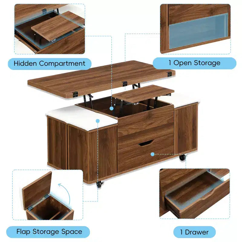 Tavolino da caffè multi-funzione moderno Zeus & Ruta con piano sollevabile, contenitore nascosto, 4 sgabelli e rotelle, perfetto per soggiorni moderni