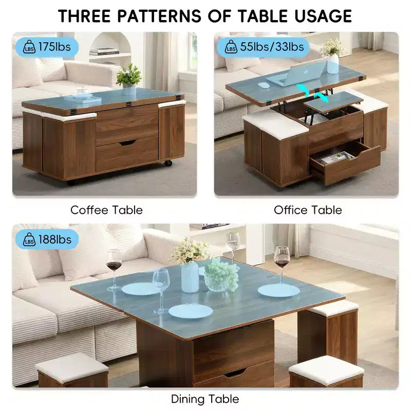 Tavolino da caffè multi-funzione moderno Zeus & Ruta con piano sollevabile, contenitore nascosto, 4 sgabelli e rotelle, perfetto per soggiorni moderni