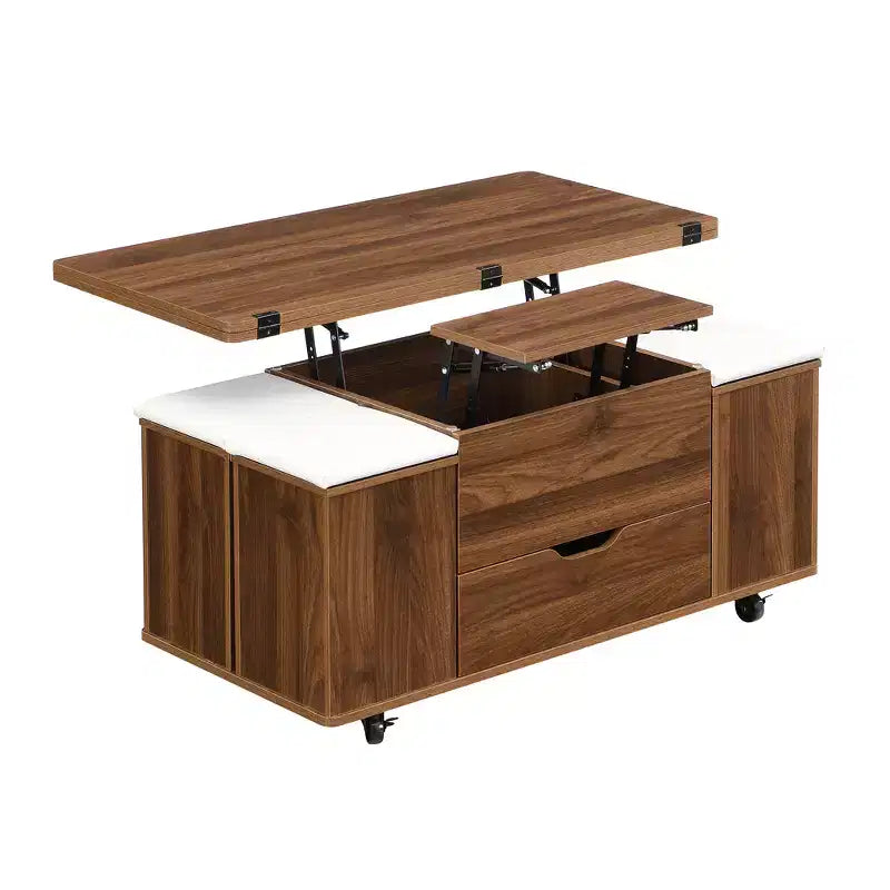 Tavolino da caffè multi-funzione moderno Zeus & Ruta con piano sollevabile, contenitore nascosto, 4 sgabelli e rotelle, perfetto per soggiorni moderni