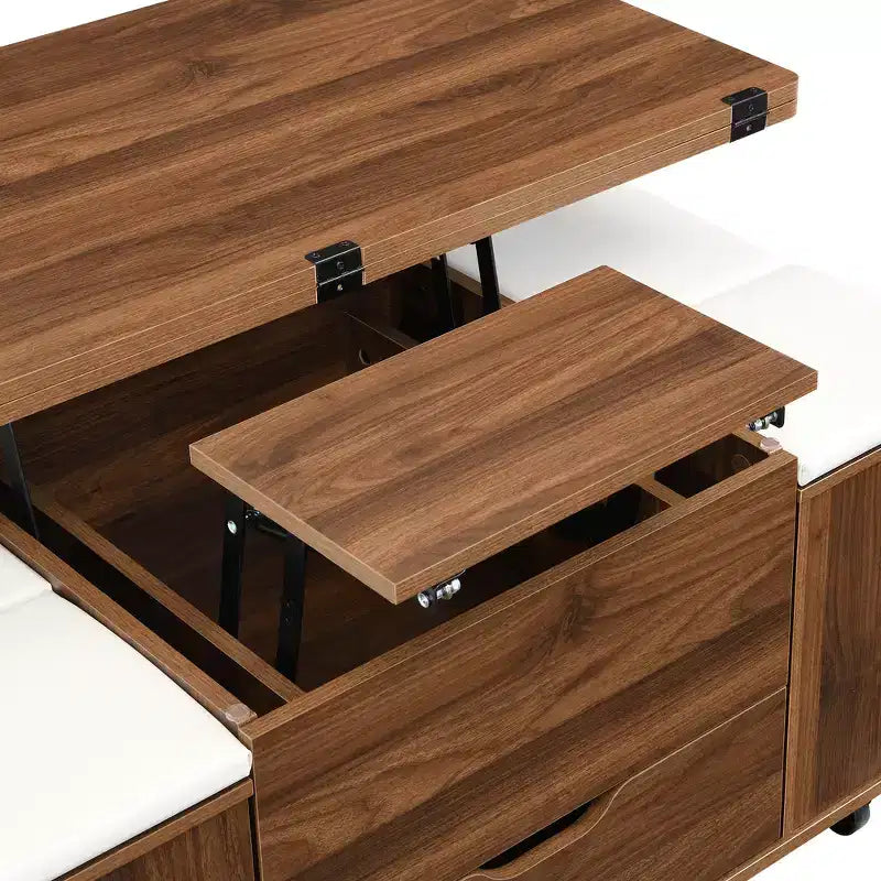 Tavolino da caffè multi-funzione moderno Zeus & Ruta con piano sollevabile, contenitore nascosto, 4 sgabelli e rotelle, perfetto per soggiorni moderni