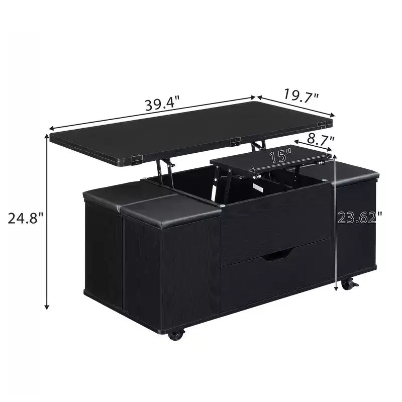 Tavolino da caffè multi-funzione moderno Zeus & Ruta con piano sollevabile, contenitore nascosto, 4 sgabelli e rotelle, perfetto per soggiorni moderni