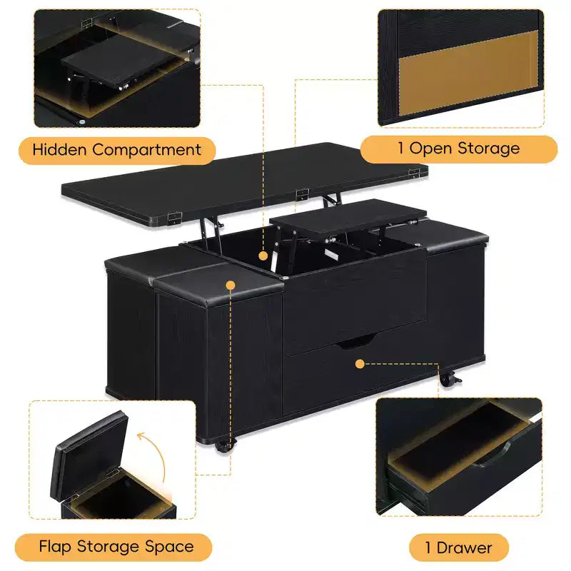 Tavolino da caffè multi-funzione moderno Zeus & Ruta con piano sollevabile, contenitore nascosto, 4 sgabelli e rotelle, perfetto per soggiorni moderni