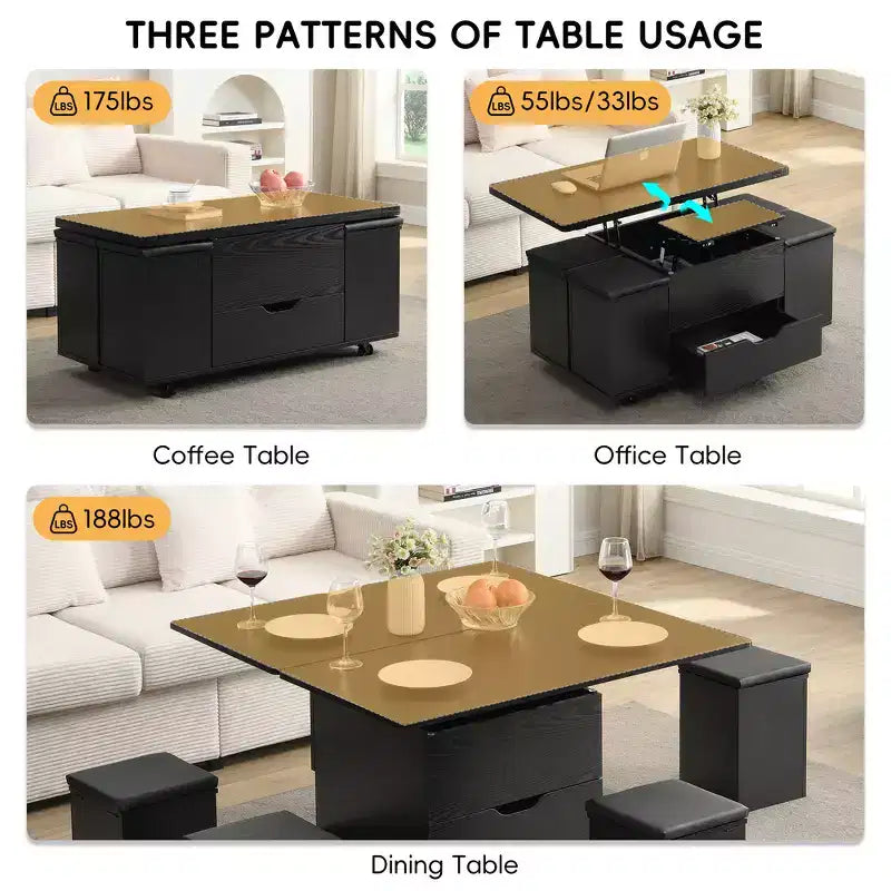 Tavolino da caffè multi-funzione moderno Zeus & Ruta con piano sollevabile, contenitore nascosto, 4 sgabelli e rotelle, perfetto per soggiorni moderni
