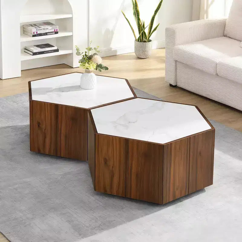 Tavolino da caffè Zeus & Ruta esagonale rustico retrò con 2 cassetti a scomparsa, piano in marmo e finitura rovere per soggiorno