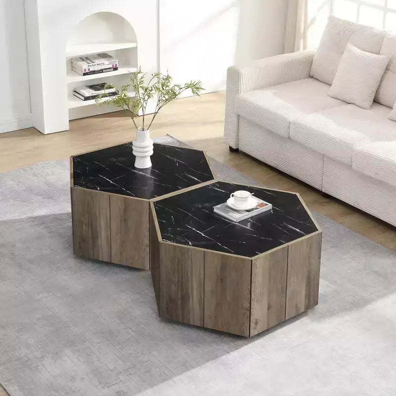Tavolino da caffè Zeus & Ruta esagonale rustico retrò con 2 cassetti a scomparsa, piano in marmo e finitura rovere per soggiorno