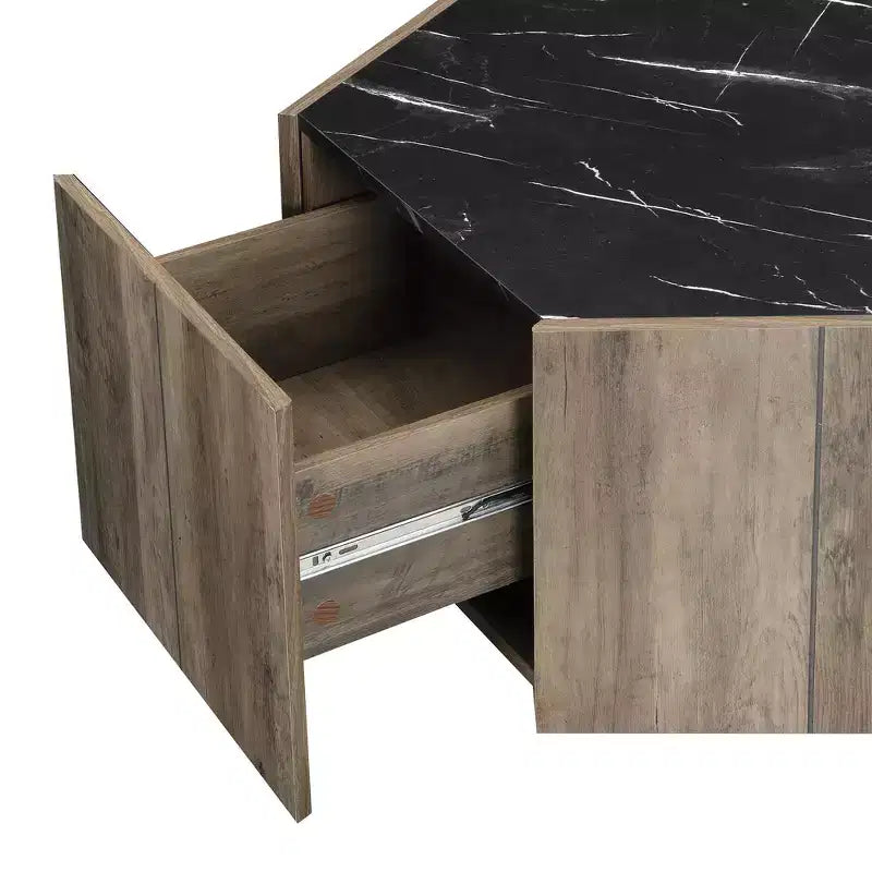 Tavolino da caffè Zeus & Ruta esagonale rustico retrò con 2 cassetti a scomparsa, piano in marmo e finitura rovere per soggiorno