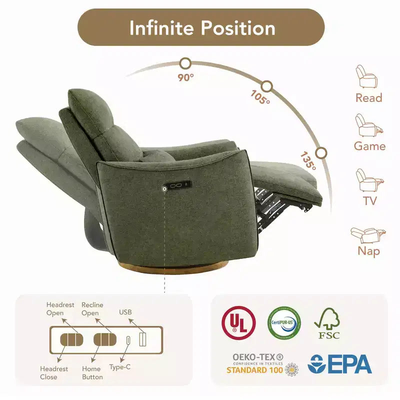 Spruce & Spring Poltrona reclinabile girevole elettrica doppio motore con cuscino lombare per cameretta