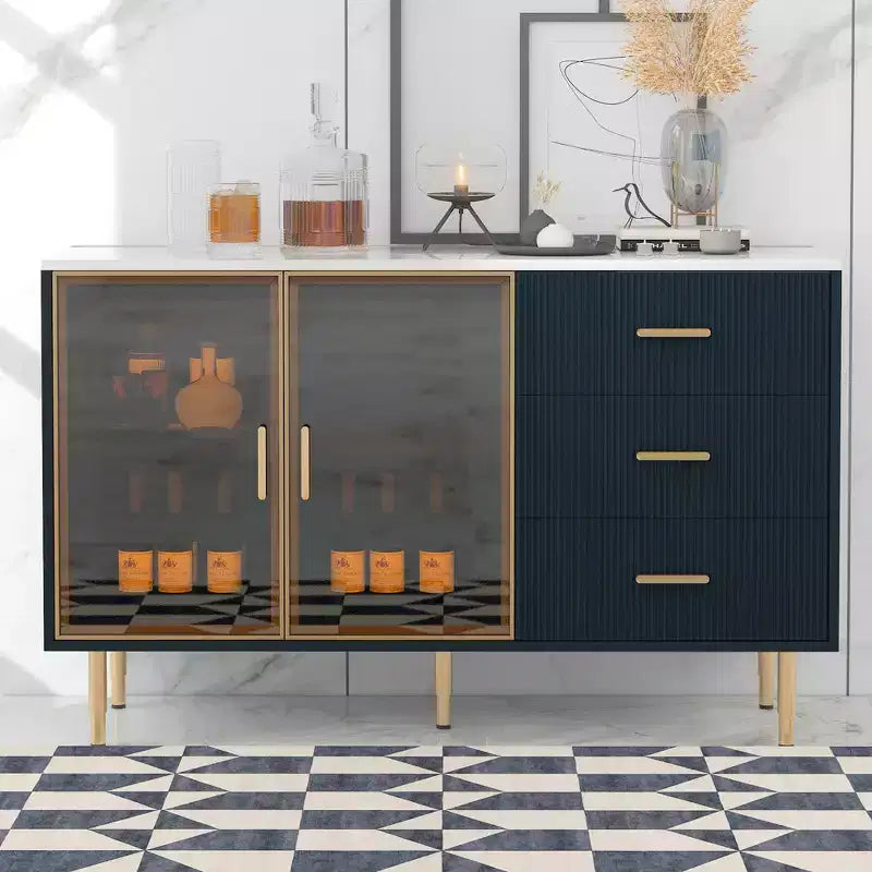 Bellemave Madia/Credenza Moderna con Ante in Vetro Temperato e Cassetti, Mobile Contenitore con Ripiani Regolabili, Blu Scuro