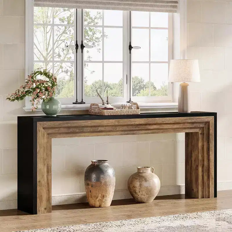 Tavolo Consolle Stretto in Legno Lantine da 180 cm, Tavolino da Divano Dietro al Divano per Soggiorno, Ingresso, Corridoio, Nero + Marrone