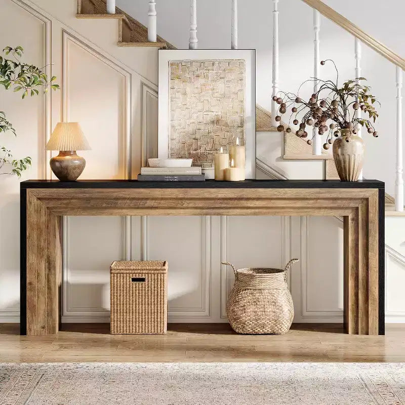 Tavolo Consolle Stretto in Legno Lantine da 180 cm, Tavolino da Divano Dietro al Divano per Soggiorno, Ingresso, Corridoio, Nero + Marrone