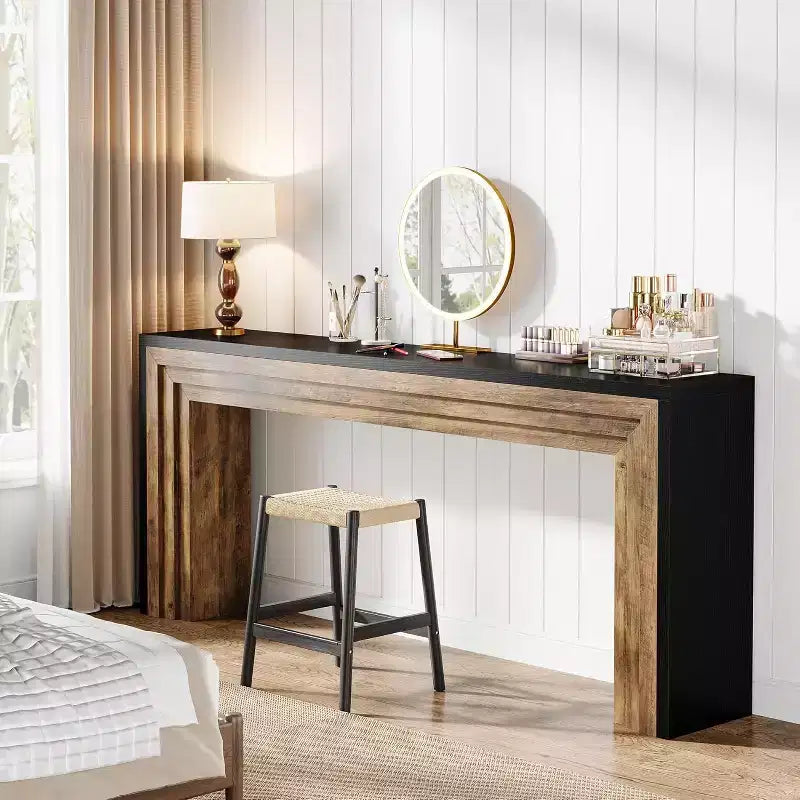 Tavolo Consolle Stretto in Legno Lantine da 180 cm, Tavolino da Divano Dietro al Divano per Soggiorno, Ingresso, Corridoio, Nero + Marrone