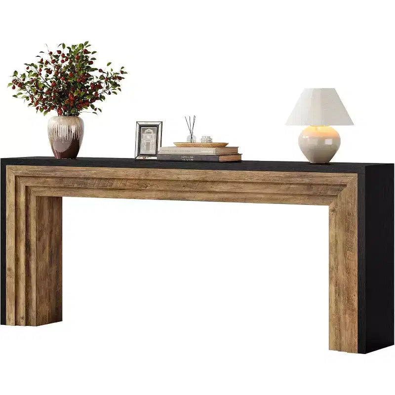 Tavolo Consolle Stretto in Legno Lantine da 180 cm, Tavolino da Divano Dietro al Divano per Soggiorno, Ingresso, Corridoio, Nero + Marrone