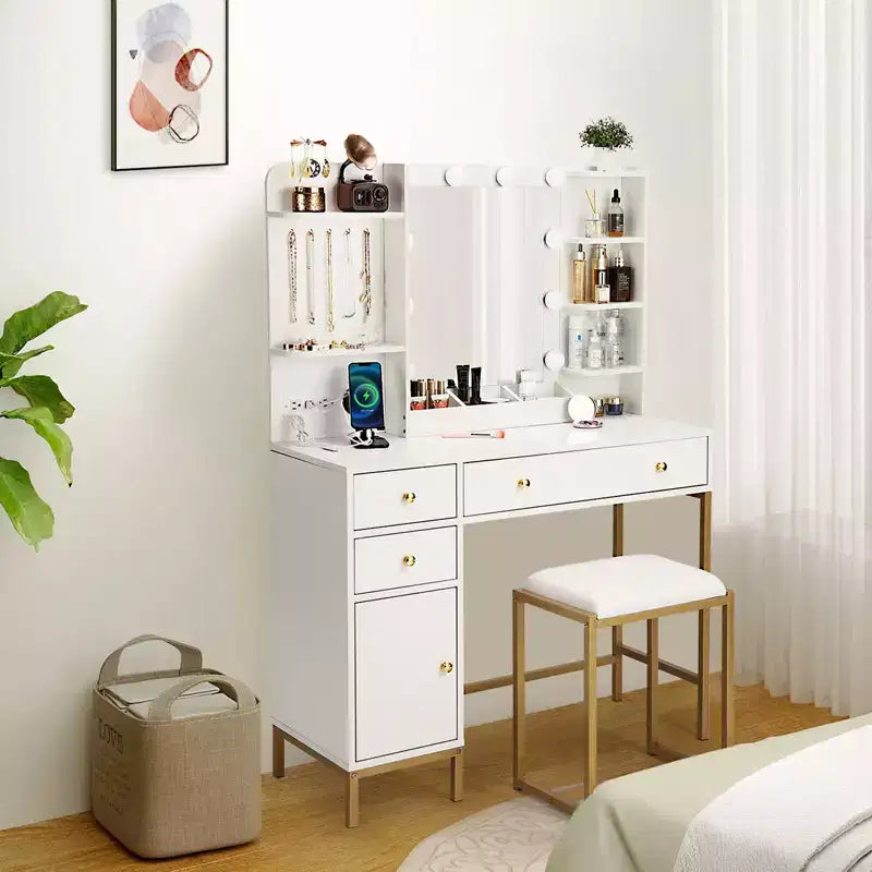 Tocador con Specchio, Specchio Illuminato Regolabile, Cassetti Portaoggetti, Ganci per Gioielli, 3 Modalità di Illuminazione, per Camera da Letto, Spogliatoio