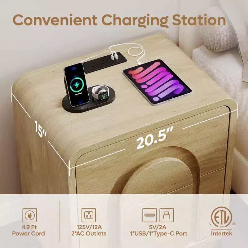 Comodini Bestier set da 2 con stazione di ricarica, Comodini moderni a LED con 2 cassetti, 2 tavolini da notte con contenitore per camera da letto e soggiorno