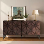 AMERLIFE 63 Acacia Wood Sideboard Buffet with Hand-Carved Geometric Door, Console Cabinet with Adjustable Shelves, Dark Walnut