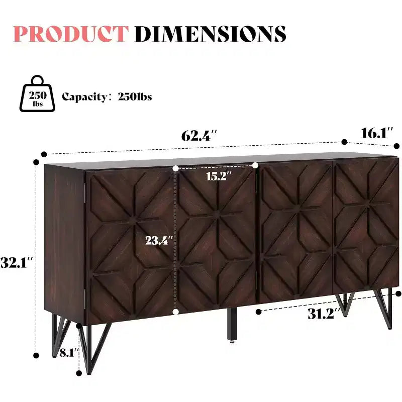 AMERLIFE 63 Credenza buffet in legno di acacia con ante geometriche intagliate a mano, mobile consolle con ripiani regolabili, noce scuro