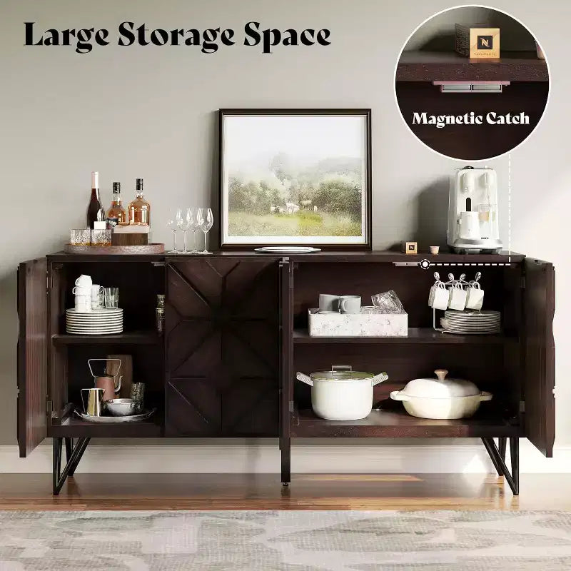 AMERLIFE 63 Credenza buffet in legno di acacia con ante geometriche intagliate a mano, mobile consolle con ripiani regolabili, noce scuro