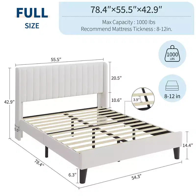 Letto matrimoniale in velluto con testiera ad alette e canale verticale imbottito, base a piattaforma rivestita, doghe in legno, non è necessaria la rete a molle, facile da montare, beige