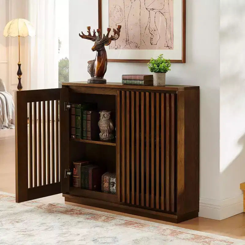 Madia moderna di metà secolo Okak, credenza con 2 ante e 2 ripiani, mobile contenitore per soggiorno, sala da pranzo, cucina