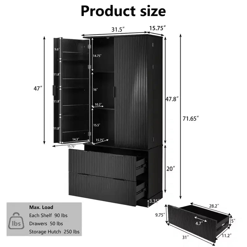 Okak 72in Modern Tall Storage Cabinet, mobile contenitore con 2 ante e 4 cassetti, armadio per soggiorno, corridoio, cucina